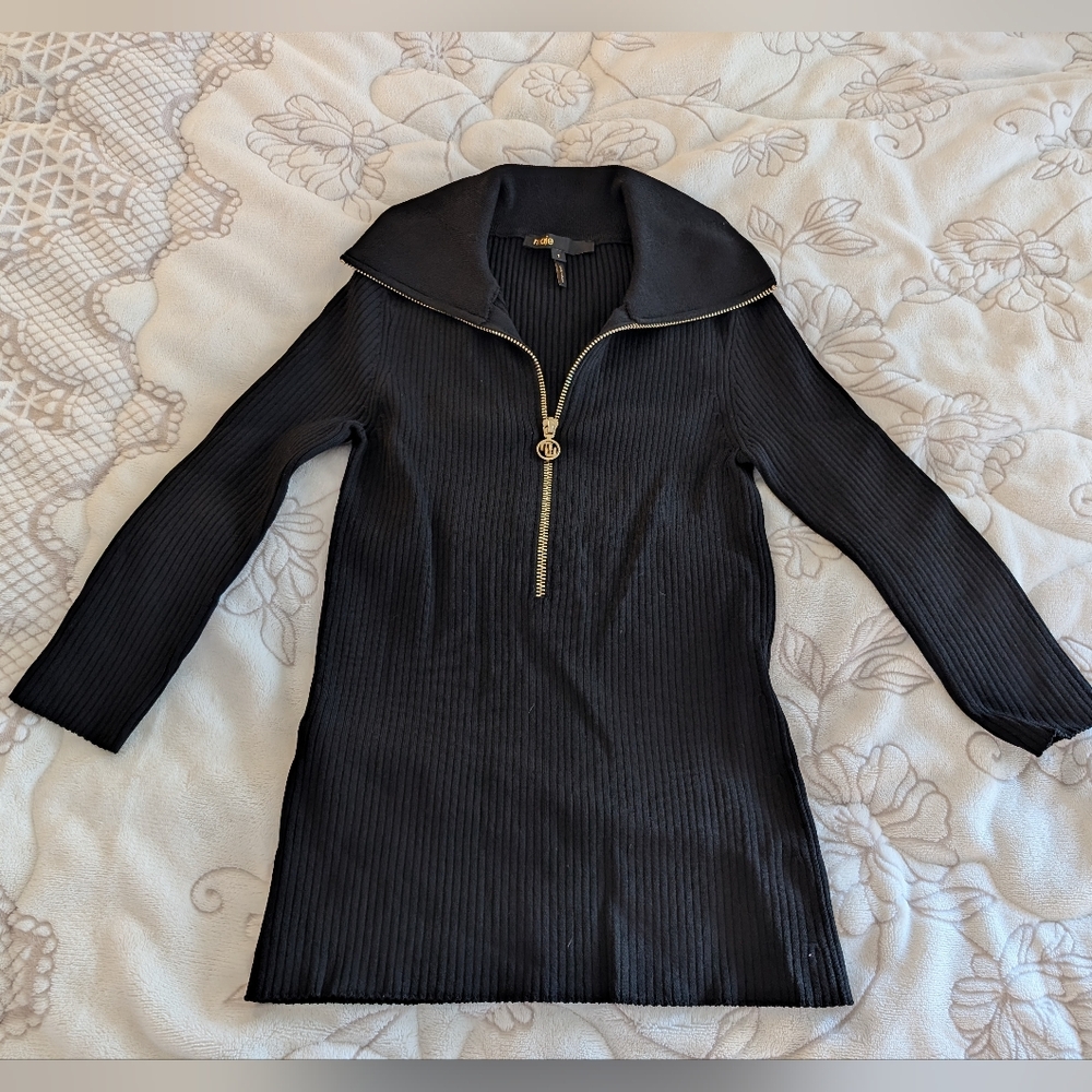[Maje] Moseta Black Ribbed Knit Half Zip Gold Hardware 3/4 Sleeve Sz 36 Small - Picture 4 of 7
